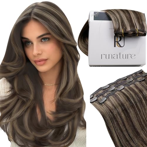 RUNATURE Brown Clip in Hair Extensions Real Human Hair Extensions Clip Ins, Natural Looking, Soft Silky Remy Hair Clip in Extensions, Easy to Apply, 12 Inch 50g 3pcs #2P8A Dark Brown Highlights