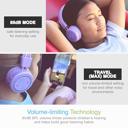 Image of MEE Audio KidJamz KJ55BT Bluetooth Wireless Safe Listening Headphones for Children w /LED Lights, 85dB Volume Limiter, Microphone, & 40h Battery; Kids Headset for School /iPhone /iPad /Tablet (Lavender)