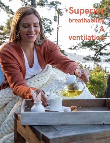 YnM Cotton Weighted Blanket, Handmade Chunky Knitted Design, Soft and Cozy, Temperature Regulating and Breathable, Machine Washable Throw for Sleep or Home Decor (Cream White, 60x80 Inch, 25lbs)