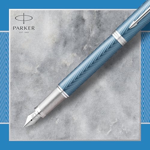 Image of Parker IM Fountain Pen | Blue Grey Premium Lacquer with Chrome Trim | Fountain Pen with Fine Nib and Blue Ink | Gift Box