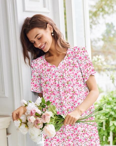 Image of Ekouaer Moo Moos for Women House Dress With Pockets Cotton Nightgowns Short Sleeve Night gowns Embroidered Mumu Dress