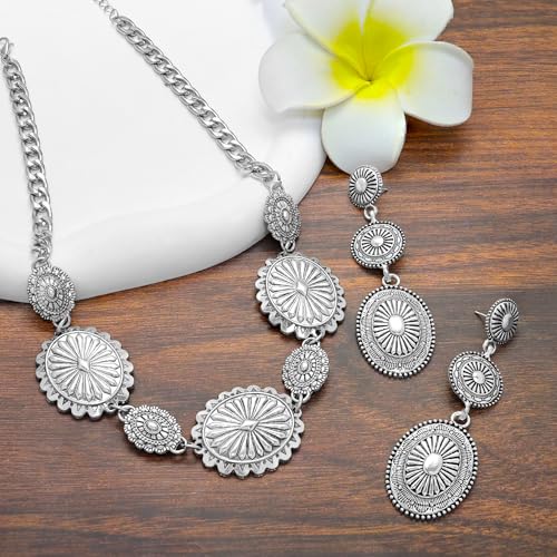 2 Pcs Concho Western Necklace Earrings Jewelry Set for Women Vintage Cowgirl Dangle Earrings Boho Choker Necklaces Western Country Concert Outfits for Women Concho Jewelry Gift3