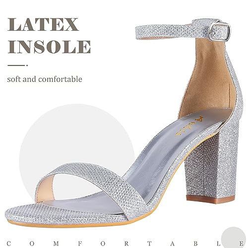 Image of Ankis Silver Heels for Women Chunky - Open Toe Glitter Heels for Women Chunky Pump Sandals Party Wedding Block Heels Standard Size 2.75 Inches Tall Thick Heel (Silver Glitter, numeric 8.5)