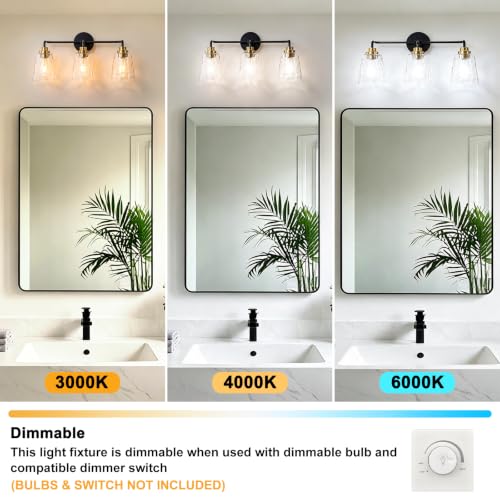 Image of WILON 3 Light Bathroom Light Fixtures Hammered Glass Vanity Light | Modern vanity light with hammered glass shades and black gold finish Ideal for bathroom mirror, makeup and dressing areas