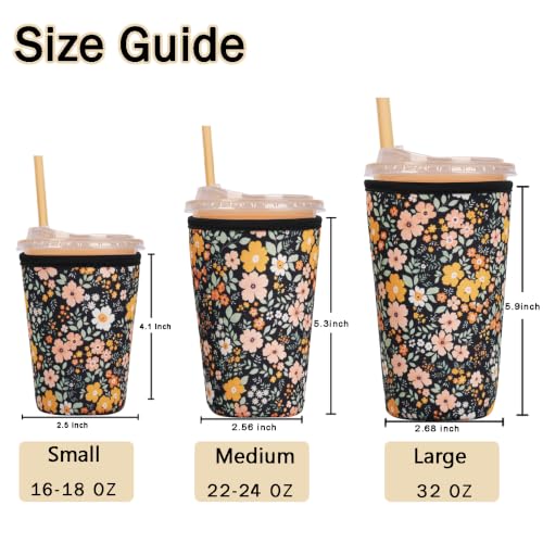 Image of Reusable Insulated Sleeve for Iced Coffee Cup, Coffee Neoprene Sleeve for Cold & Hot Drinks, Beverage Holder for Iced Coffee (Midnight Daisies, Medium: 22-24oz)