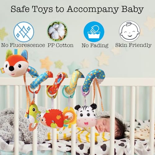 Image of Baby Car Seat Toys, Infants Spiral Fox Plush Toys for Babies 0-6 Months | Hanging Stroller Toy for Infant Boys and Girls 0 3 6 12 Months Newborn Sensory Gift Toy with Rattles Squeaker Music Teether