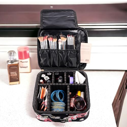 Image of Travel-Friendly Cosmetic Makeup Organizer Bag with Adjustable Compartments - Professional Toiletry Vanity Kit | Makeup Kit Storage Box | Cosmetic Bag | Makeup Brush Organizer (Black Marble)