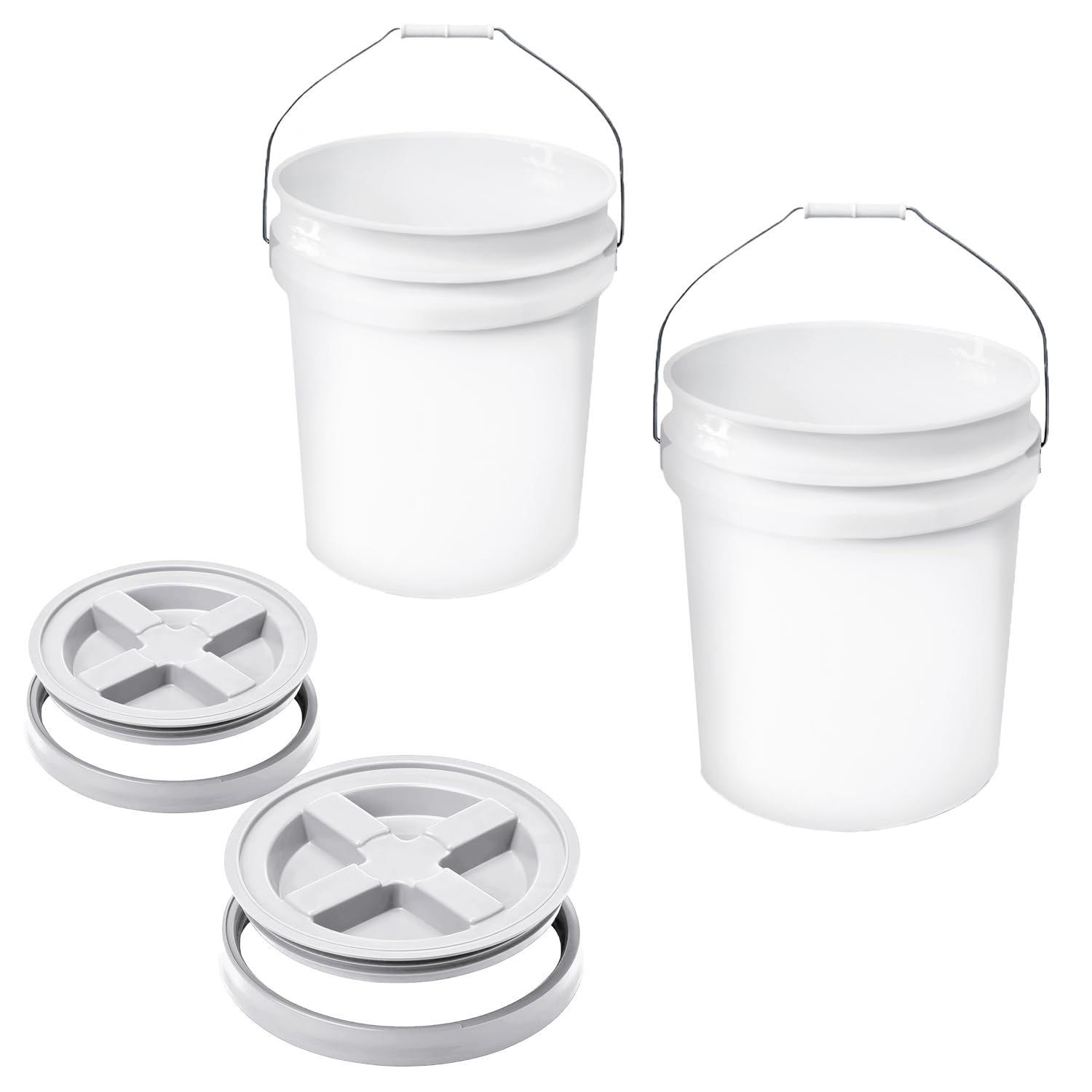 5-Gallon White Bucket Pail with Gamma Seal Screw on Airtight Lid, Heavy-Duty 90MIL Extra Durable, Food Grade, Metal Handles with Plastic Grip for Easy Carrying, Easy Stack &amp; Store, BPA Free - 2 Pack