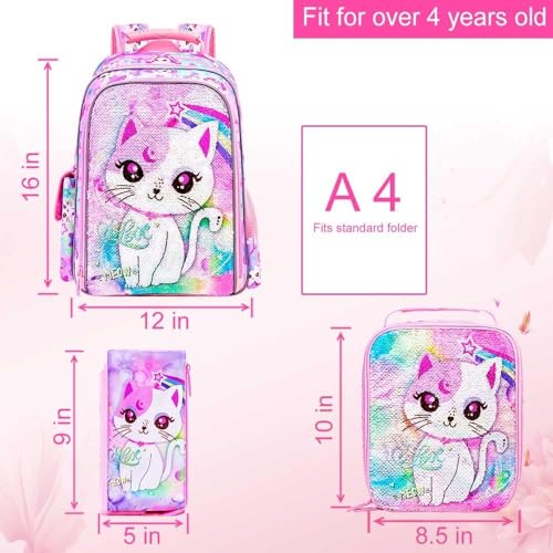 UFNDC 3PCS Girls Backpack, 16”Kids Cat Sequin Bookbag with Lunch Box, Water Resistant School Bag for Elementary Preschool Toddler4