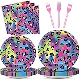 96Pcs Neon Rainbow Leopard Birthday Party Supplies Cheetah Party Plates and Napkins Neon Rainbow Leopard Party Disposable Tableware Decorations for Neon Baby Shower Party Favors for 24 Guests
