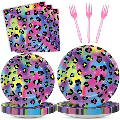 Image of 96Pcs Neon Rainbow Leopard Birthday Party Supplies Cheetah Party Plates and Napkins Neon Rainbow Leopard Party Disposable Tableware Decorations for Neon Baby Shower Party Favors for 24 Guests