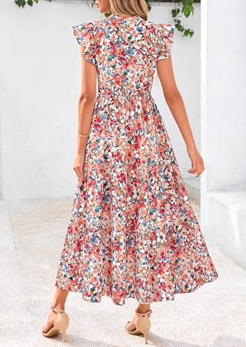 Image of PRETTYGARDEN Women's 2026 Summer Floral Midi Dress Cap Sleeve V Neck Ruffle Long Flowy Boho Casual Beach Vacation Dresses