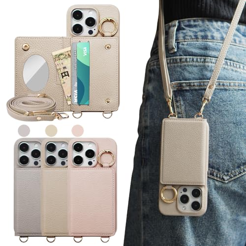 iphone 15 pro ケース いphone15pro ケース iphone15pro ケース 適用 スマホケース ショルダーストラップ 人気 かわいい 手帳型 おしゃれ 女性 携帯ケース リング ミラー 鏡 化粧鏡 カードケース 縦置き 横置き 軽量