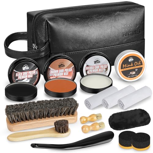 Koudecy Shoe Shine Kit for Men & Women, 16Pcs Black Shoe Polish Kit for Leather Boots Care, Mens Gifts Ideas