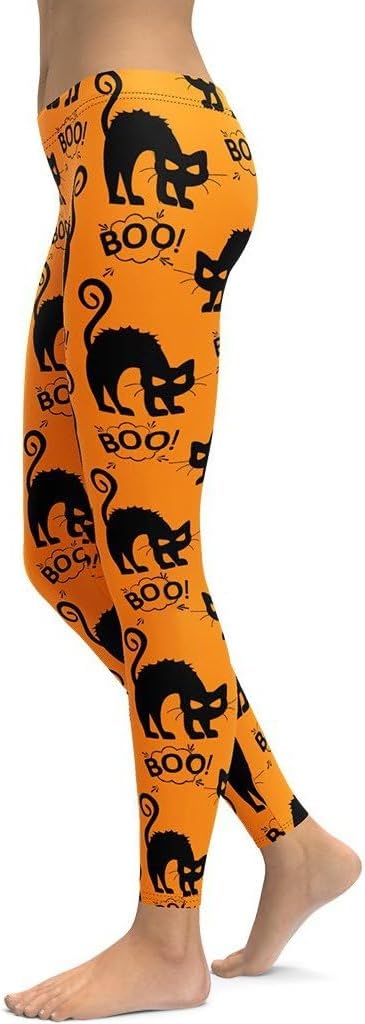 FIERCEPULSE Black Kitty Halloween Leggings for Women – Cute Cat Print Yoga Pants – High Stretch, Squat Proof Leggings