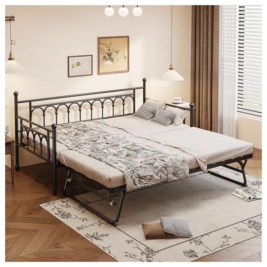 FULLJOJOR Daybed with Trundle, Metal Daybed with Pop Up Trundle, Twin Day Bed Sofa Bed for Adults Guests, Heavy Duty Steel Slat Support, No Spring Box Needed