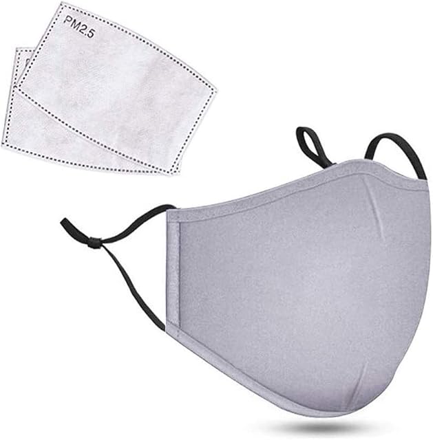 Cotton Face Cover with 2x Carbon Air Filters - Washable & Reusable Face Mouth Protector with Adjustable Straps (Grey)