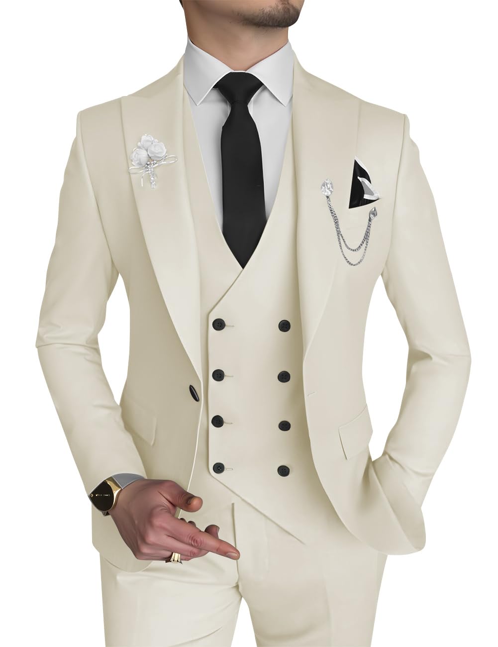 Wangyue Men's 3 Piece Slim Fit Suits Double Breasted Suit Men Formal Suit for Wedding Prom Dinner Party