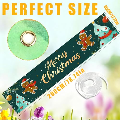 Image of Gingerbread Christmas Banner 78.7 x 17.7 Inch Cute Cookie Character and Christmas Tree Design Holiday Decoration for Home Garden Fence Porch or Indoor Wall Display Scene