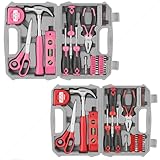Hi-Spec Werkzeugkoffer Pink, 42-tlg. und Hi-Spec Werkzeugkoffer Rot, 42-tlg. gefüllt mit Werkzeugen und 2-in-1-Schraubendreher-Bit-Griff für Reparaturen.