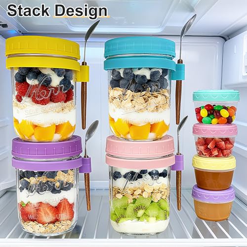 Image of Mason Jars, 16 oz Overnight Oats Containers with Lids, Spoons & 2.7 oz Jars | 4 Pack Wide Mouth Glass Mason Jars, Leakproof Overnight Oats Jars, Glass Food Storage Jar for Meal Prep, Yogurt, Chia Pudding