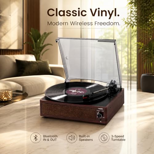 Image of HINISO Bluetooth Vinyl Record Player T516 with Bluetooth Input & Output | 3-Speed Turntable (33 /45 /78 RPM) | Built-in Speakers | RCA, AUX, Headphone Jack | Vintage Wooden Finish with Dust Cover