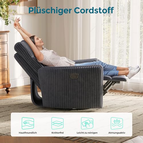 LINSY HOME 360 Swivel Nursery Relaxsessel, Corduroy TV Sessel mit 2 Kissen, Komfortabler High Back Sessel mit Liegefunktion für Kleine Räume, Kinderzimmer, Schlafzimmer, Wohnzimmer, Grau