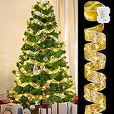 Minetom Christmas Tree Ribbon String Lights - 33ft 100 LED Battery Powered Fairy Lights with Timer and 8 Lighting Modes, Christmas Ribbon Bows Lights for 6ft - 8ft Christmas Tree New Year Decor, Gold