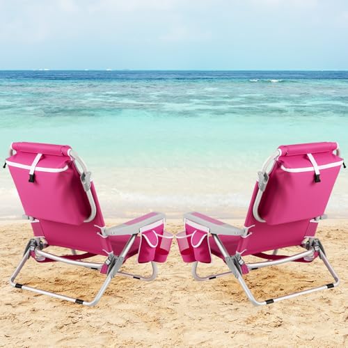 Image of Tangkula Set of 2 Backpack Beach Chair, 5-Position Lightweight Folding Lay Flat Beach Chairs with Storage Bag, 2 Cup Holders, Towel Bar, Backpack Straps