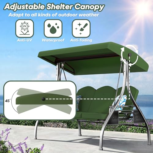 Image of ZZW 3 Seat Outdoor Porch Patio Swing with Stand 800lbs 2-in-1 Convertible Swing Bed with Adjustable Canopy & Removable Cushion for Yard Garden Deck (Green, Square Tube)