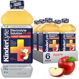 Kinderlyte Plus Gut Support Oral Electrolyte Drink for Kids & Adults, Hydration Beverage with Electrolytes & Prebiotics, Gluten Free, Vegan, Non GMO, Apple, 6 Pack Bottles