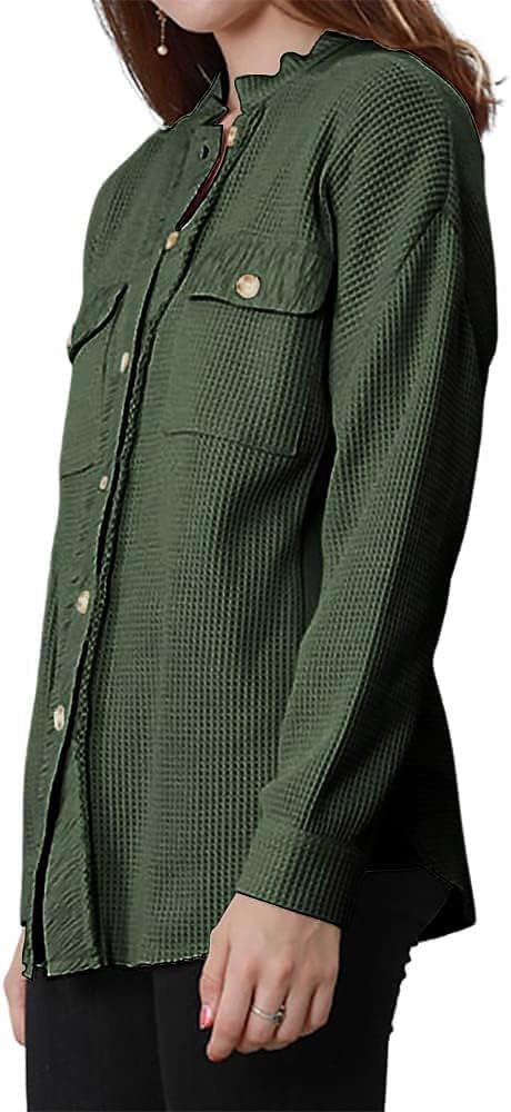 utcoco Women's Casual Waffle Knit Shacket Jacket Loose Fit Long Sleeve Button Down Shirt Shacket Top - Image 5