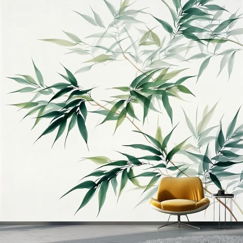 Papel pintado Patrón De Hojas De Bambú, 200 x 140 cm Estilo Tradicional De Pintura Con Tinta Oriental Papel tapiz fotográfico personalizado no tejido para sala de estar y, Gris Verdoso