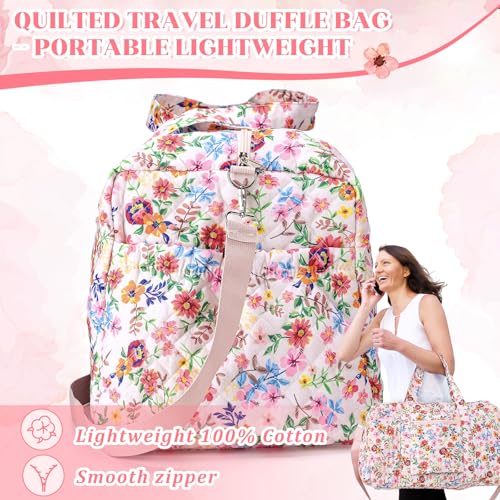 Large Quilted Travel Duffle Bag for Women Floral Portable Gym Lightweight Weekender Bag with Zipper Pockets Workout Grocery Pouch Duffle Pouch for Travel Work(Pink Floral)4