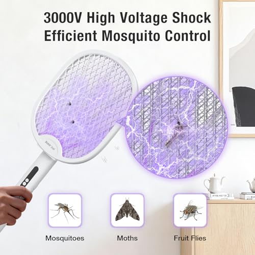 Image of BALDR Electric Fly Swatter Racket, Foldable 2 in 1 Bug Zapper 3000V Powerful Mosquito Killer with Purple Attractant Trap Lamp, 1200mAh Type-C Rechargeable for Indoor Home Office Patio Camping