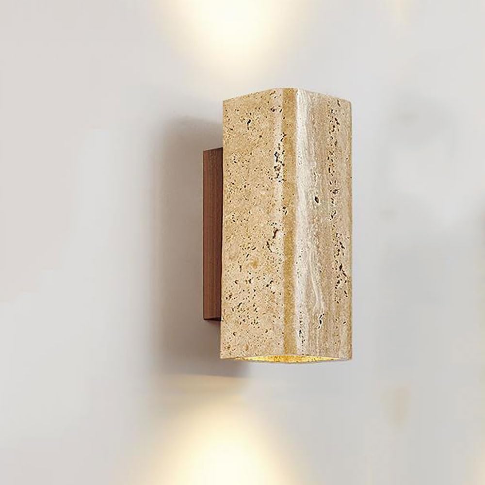 WZZQZR Yellow Travertine Bedside Wall Sconce Minimalist Stone Rustic Indoor Wall Light Japanese Wabi-Sabi Style Wood Hallway(Brown)