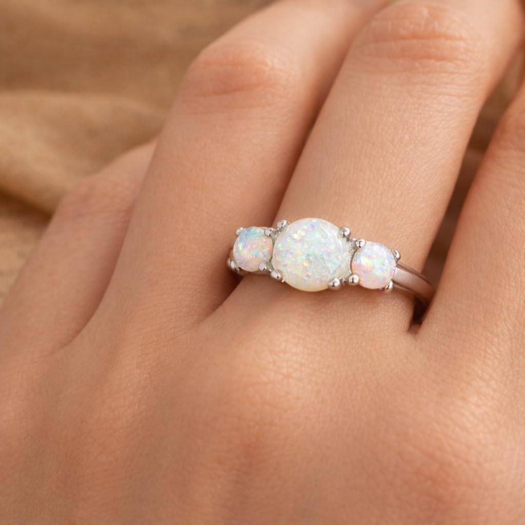 Round Opal Three Stone Engagement Ring White Gold Dainty Vintage Promise Ring October Birthstone Bridal Jewelry Easter Gift for Women