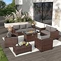 Amopatio Patio Furniture Set with Fire Pit Table, 6 Pieces Outdoor Oversized Sectional Sofa Wicker Patio Armrest Couch, 44" Fire Pit Conversation Sets with Storage Table, Waterproof Cover (Grey)