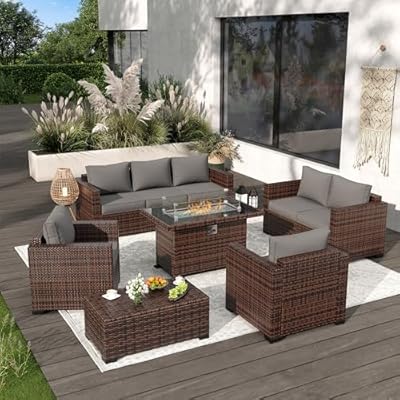 Amopatio Patio Furniture Set with Fire Pit Table, 6 Pieces Outdoor Oversized Sectional Sofa Wicker Patio Armrest Couch, 44" Fire Pit Conversation Sets with Storage Table, Waterproof Cover (Grey)