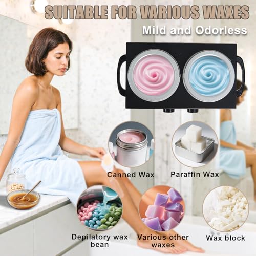 Image of Wax Warmer Double Pot, Professional Electric Heater for Facial, Body, Spa, and Salon, 1.2L Dual Adjustable Temperature with 100 Wooden Craft Sticks, Hair Removal (Black)