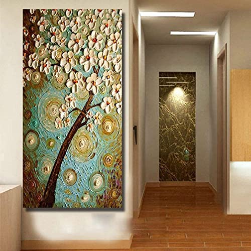 Peinture à l'huile abstraite texturée toile salon grand tableau couteau fleurs blanches