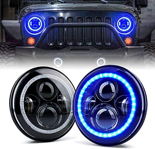 Xprite 7" inch 90W LED Headlights with Blue Halo Ring Angel Eyes, 9600 Lumens Hi/Lo Beam Head lamp Compatible with 1997 - 2018 Jeep Wrangler JK TJ LJ（DOT Approved