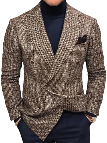 Men's Slim Fit Plaid Suit Jacket Long Sleeve Double-Breasted Business Casual Jacket