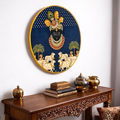 Image of Krishna Pichwai Round Framed Wall Art Painting For Living Room | Religious Shrinathji Spiritual Vastu Wall Art Painting With Frame For Home, Bedroom, Temple & Office, 16 Inch