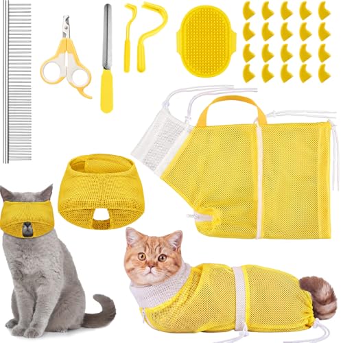 Image of 9 Pcs Cat Bathing Bag Set Cat Shower Bag Anti Bite and Scratch for Pet Grooming Washing Brush Comb Muzzle Nail Clipper Nail File Tick Tool (Yellow)