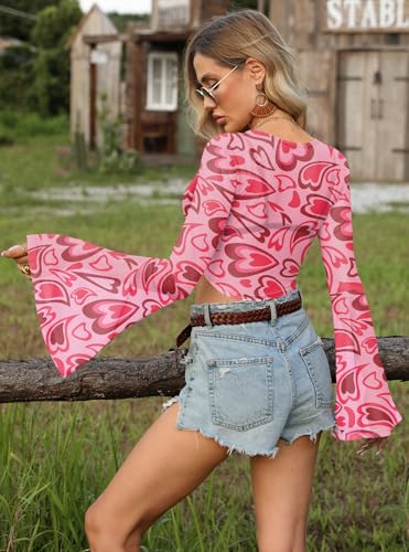 Image of For G and PL Women Tie Front Bell Sleeve Rave Crop Tops Floral Print Hippie Mesh Sheer Shirt