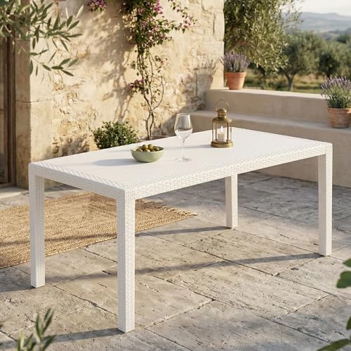 Dmora - Table d'extérieur Imola, Étagère rectangulaire fixe, Table de jardin polyvalente effet rotin, 100% Made in Italy, 138x78h72 cm, Blanc
