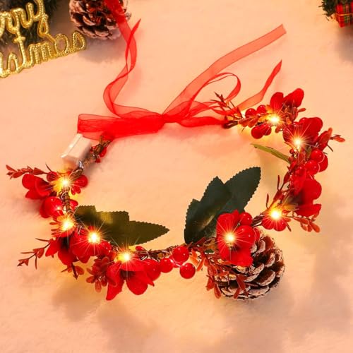 Zoestar Weihnachtskranz mit Beleuchtung, LED-Blumenkranz, rote...