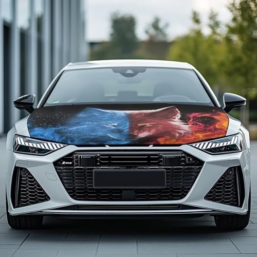 Image of Water Fire Wolf Car Hood Cover Polyester Elastic Fabrics Can be Washed Suitable for Large SUV and Pickup Trucks