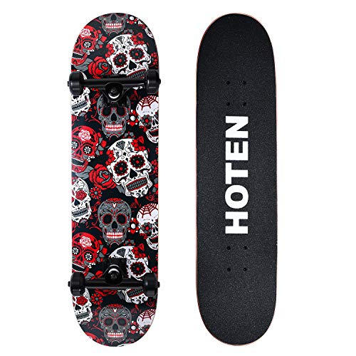 Hoten Pro Skateboard 8-inch Full Complete for Trick Beginners, Premium Skateboard (Rose Skull)